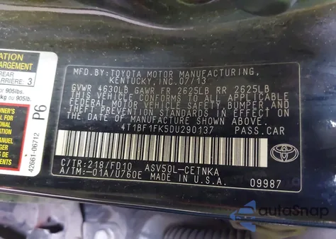 2013 Toyota Camry Le из США, поврежденный, VIN 4T1BF1FK5DU290137